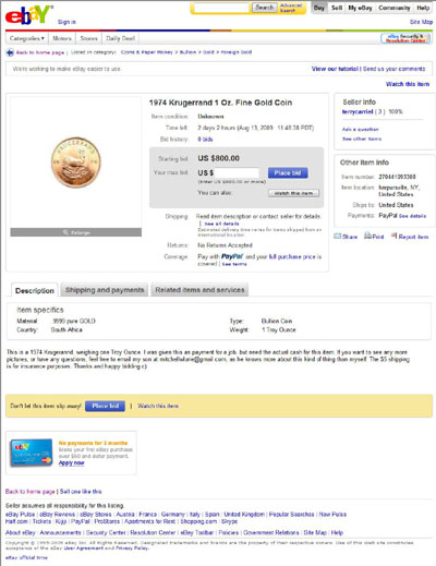 terrycarriel 5 eBay Listing Using our 1974 Gold Krugerrand Photograph in eBay Auction
